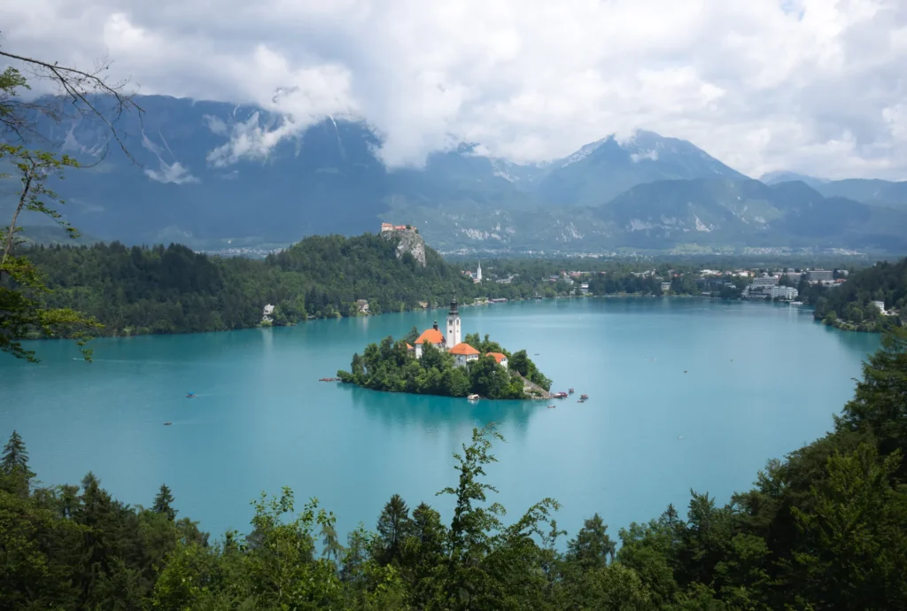 Lake Bled and its island surrounded by the Slovenian Alps