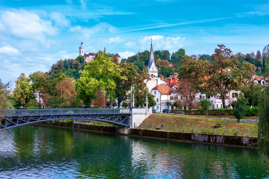 Ljubljana riverside and historic city centre in Slovenia